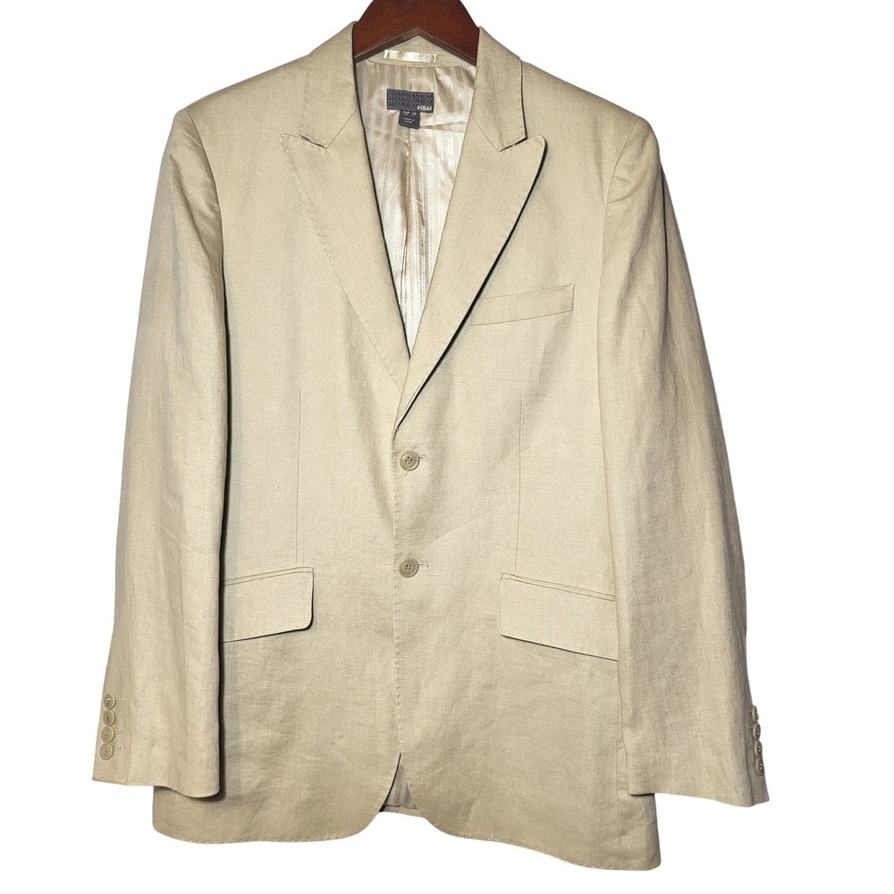 H&M Mens Linen Blend Blazer Beige Tan Two Button Peak Lapel Sport‎ Coat 36